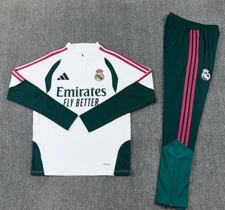 2627 Real Madrid Club White & Green Long-Sleeve (Half-Zip) Soccer Training Kit – Customizable for Kids & Adults