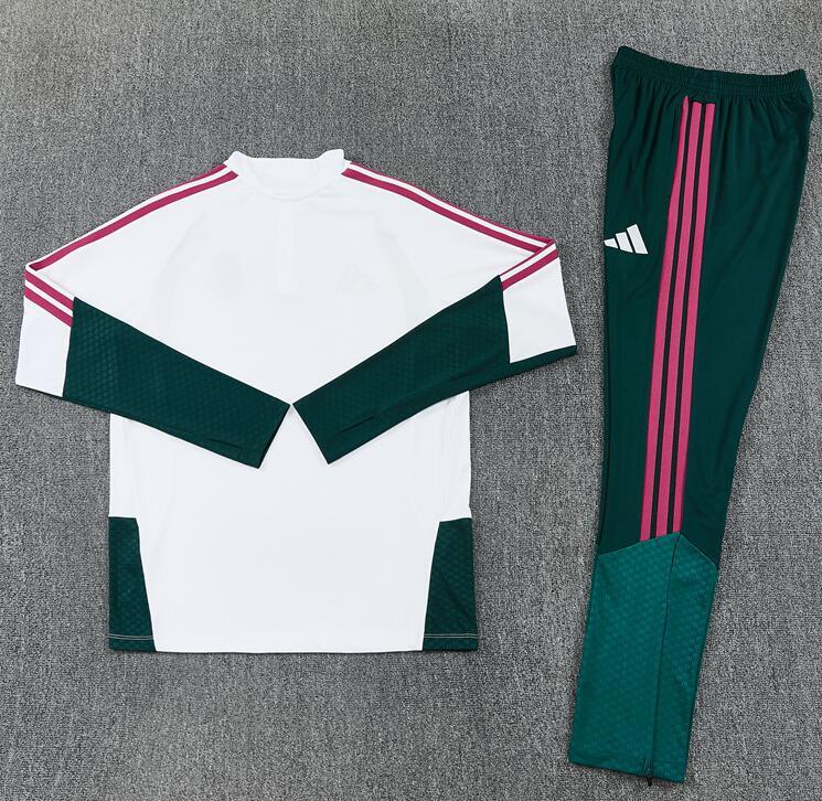 2627 Real Madrid Club White & Green Long-Sleeve (Half-Zip) Soccer Training Kit – Customizable for Kids & Adults