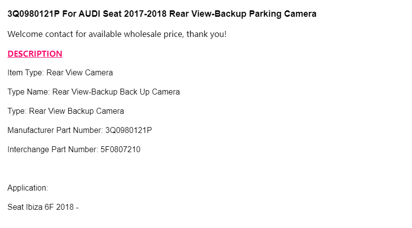 Rear View-Backup Parking Camera for AUDI Seat 2017-2018 3Q0980121P