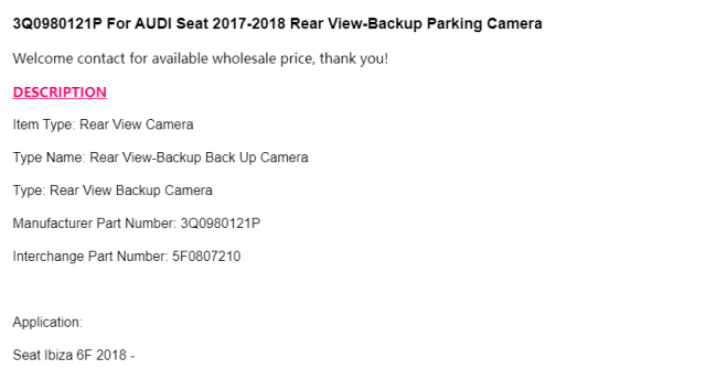 Rear View-Backup Parking Camera for AUDI Seat 2017-2018 3Q0980121P
