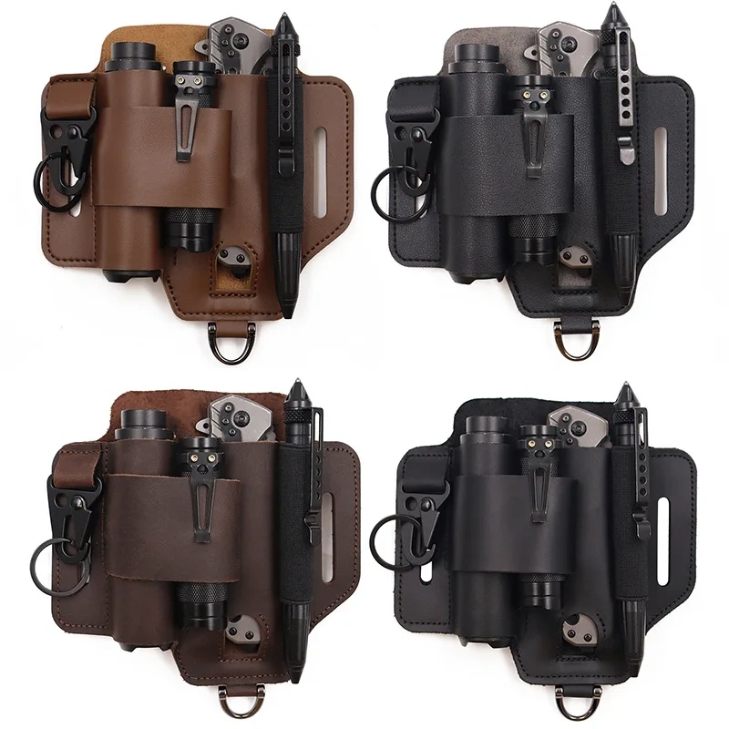 Tactical Multi Tool Belt Leather Bag Portable Tool Storage Bag Holster Key Holder Outdoor Camping Hunting Waist Leather Pocket