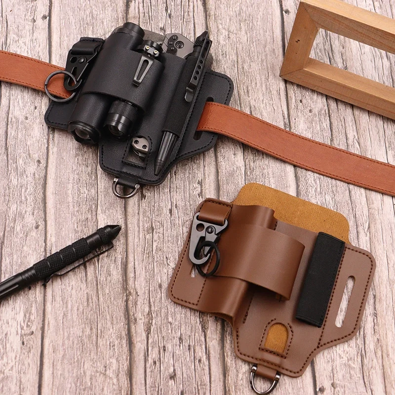 Tactical Multi Tool Belt Leather Bag Portable Tool Storage Bag Holster Key Holder Outdoor Camping Hunting Waist Leather Pocket