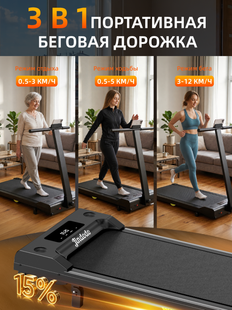беговая дорожка электрическая jindodo,до 135 кг,2.0 HP,антиударная система,Bluetooth-колонка,ИК-пульт, экологичные материалы