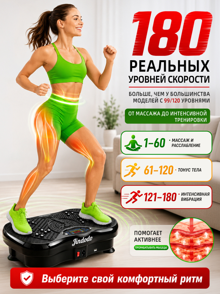 Jindodo Виброплатформа для похудения до 150кг, кардио тренажер домашний, электрический антицеллюлитный массажер, вибротренажер тренажер для похудения, 180 скоростей