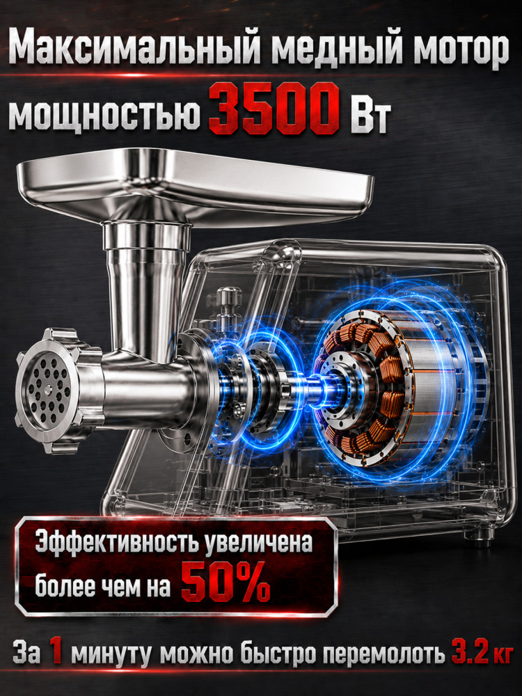 Мощная электрическая мясорубка Jindodo 3500 Вт, функция реверса, комплект насадок для мяса, овощей и приготовления сосисок