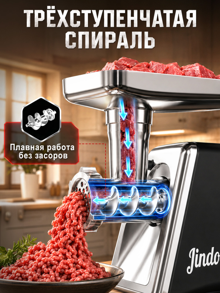 Мощная электрическая мясорубка Jindodo 3500 Вт, функция реверса, комплект насадок для мяса, овощей и приготовления сосисок