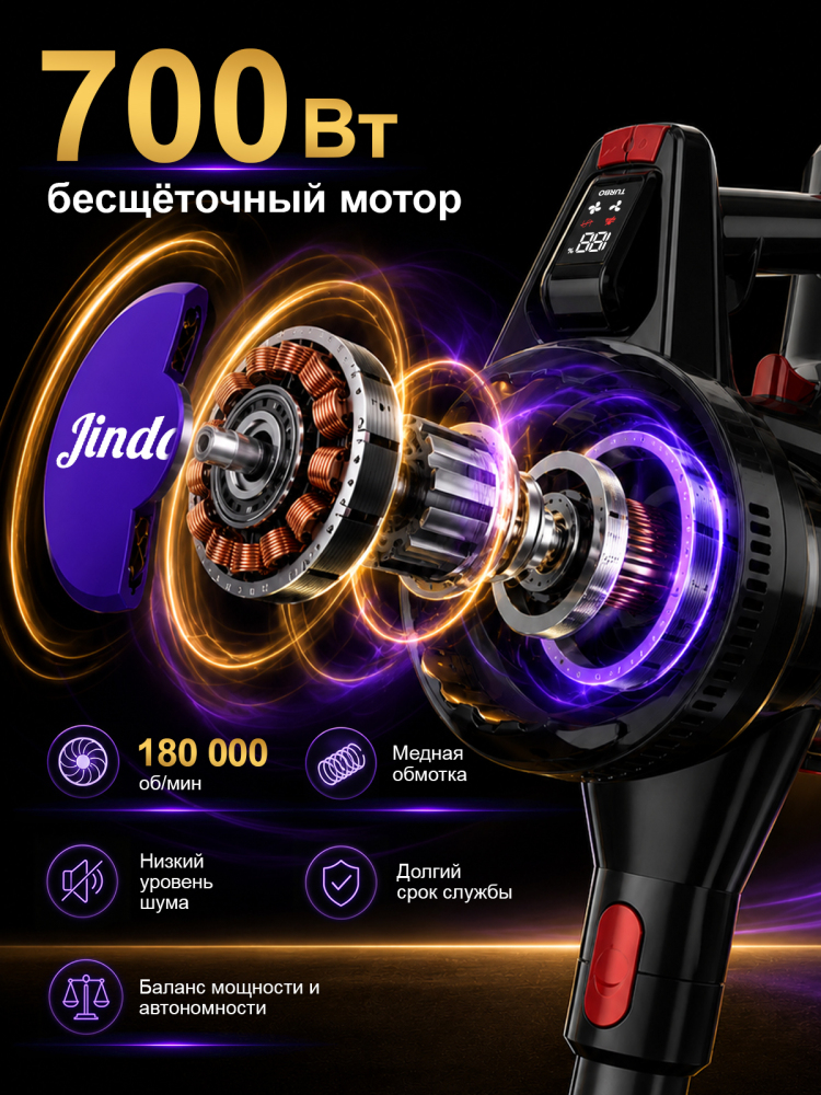 Беспроводной пылесос Jindodo JDD-5-6008, 65 000 Па, 700 Вт, до 70 минут работы, с насадкой для шерсти животных