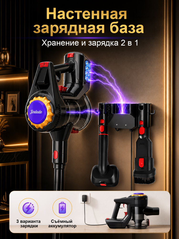 Беспроводной пылесос Jindodo JDD-5-6008, 65 000 Па, 700 Вт, до 70 минут работы, с насадкой для шерсти животных
