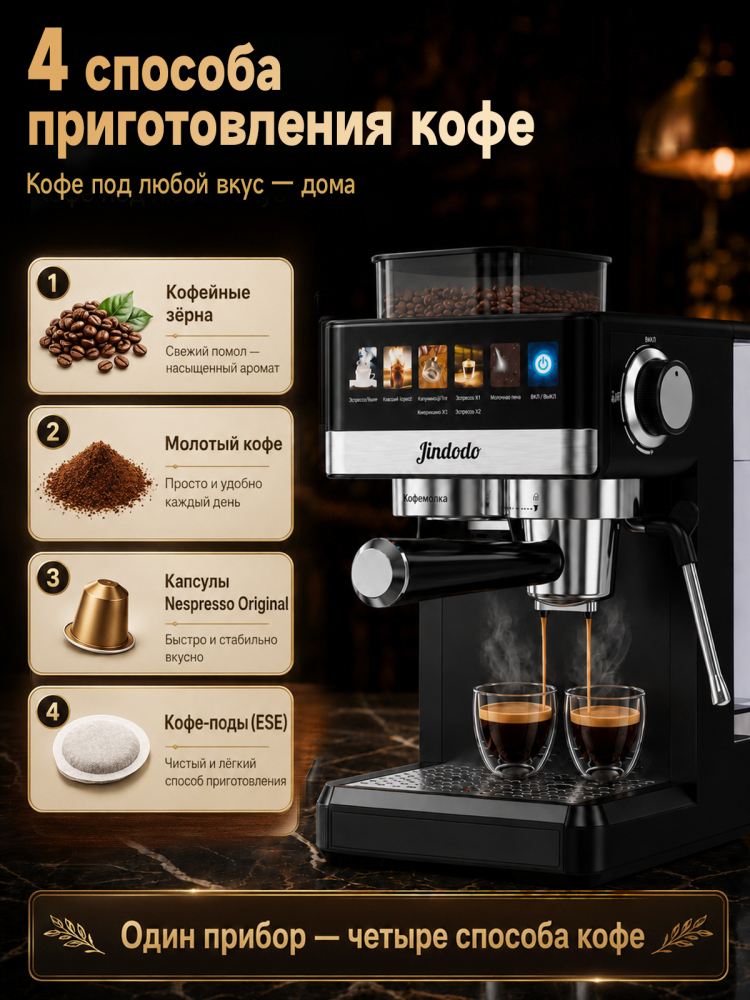 Кофемашина Jindodo 5519 с кофемолкой, 20 бар, 1800 Вт и ручным капучинатором