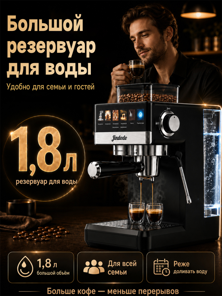 Кофемашина Jindodo 5519 с кофемолкой, 20 бар, 1800 Вт и ручным капучинатором