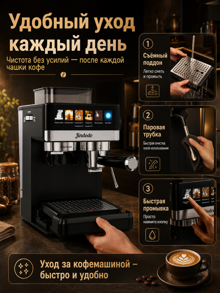 Кофемашина Jindodo 5519 с кофемолкой, 20 бар, 1800 Вт и ручным капучинатором