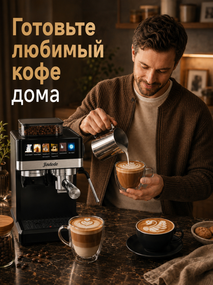 Кофемашина Jindodo 5519 с кофемолкой, 20 бар, 1800 Вт и ручным капучинатором
