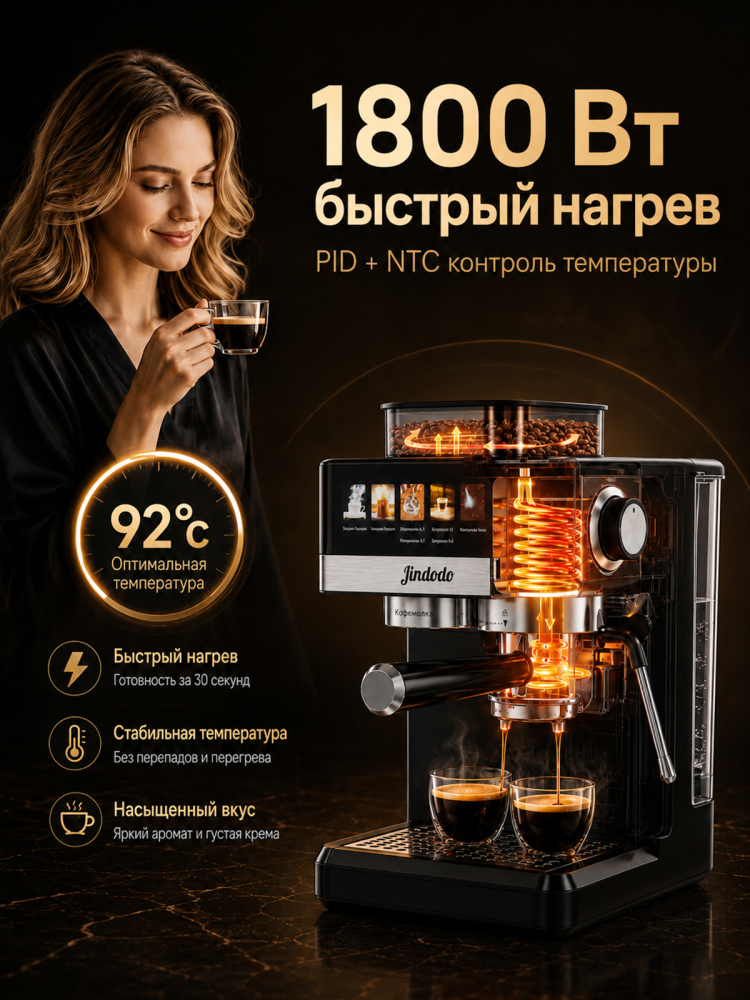 Кофемашина Jindodo 5519 с кофемолкой, 20 бар, 1800 Вт и ручным капучинатором