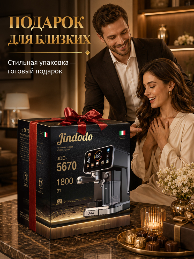 Автоматическая эспрессо-кофемашина, мощность 1800 Вт, давление 20 бар. Автоматический капучинатор, сенсорный дисплей, точная экстракция при температуре 92 °C. Подходит для дома и офиса.