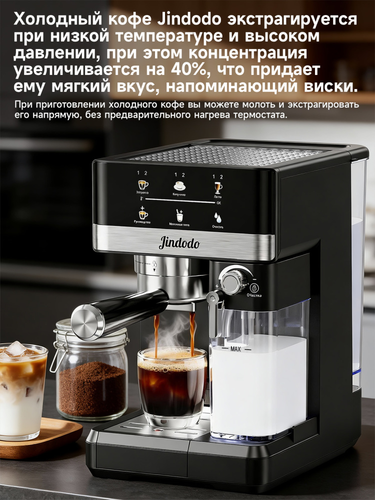 Кофемашина автоматическая с капучинатором Jindodo,кофемашина рожковая с капучинатором,20 бар,1800 Вт,черное