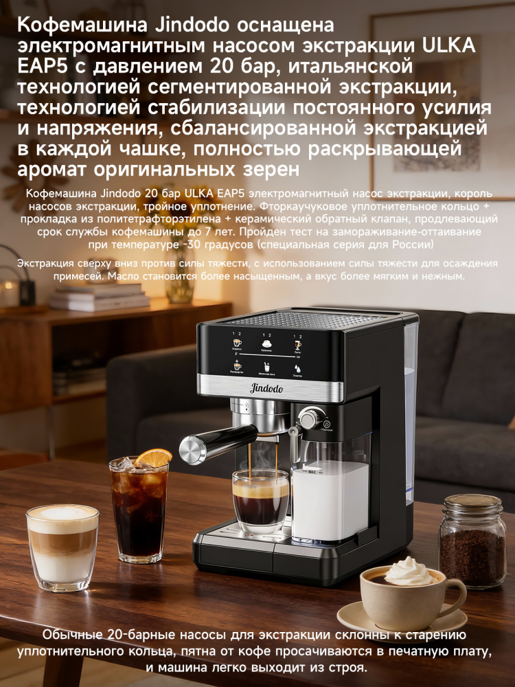 Кофемашина автоматическая с капучинатором Jindodo,кофемашина рожковая с капучинатором,20 бар,1800 Вт,черное