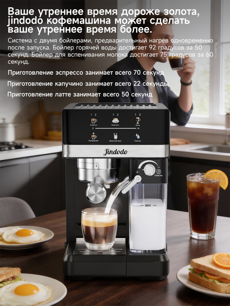 Кофемашина автоматическая с капучинатором Jindodo,кофемашина рожковая с капучинатором,20 бар,1800 Вт,черное