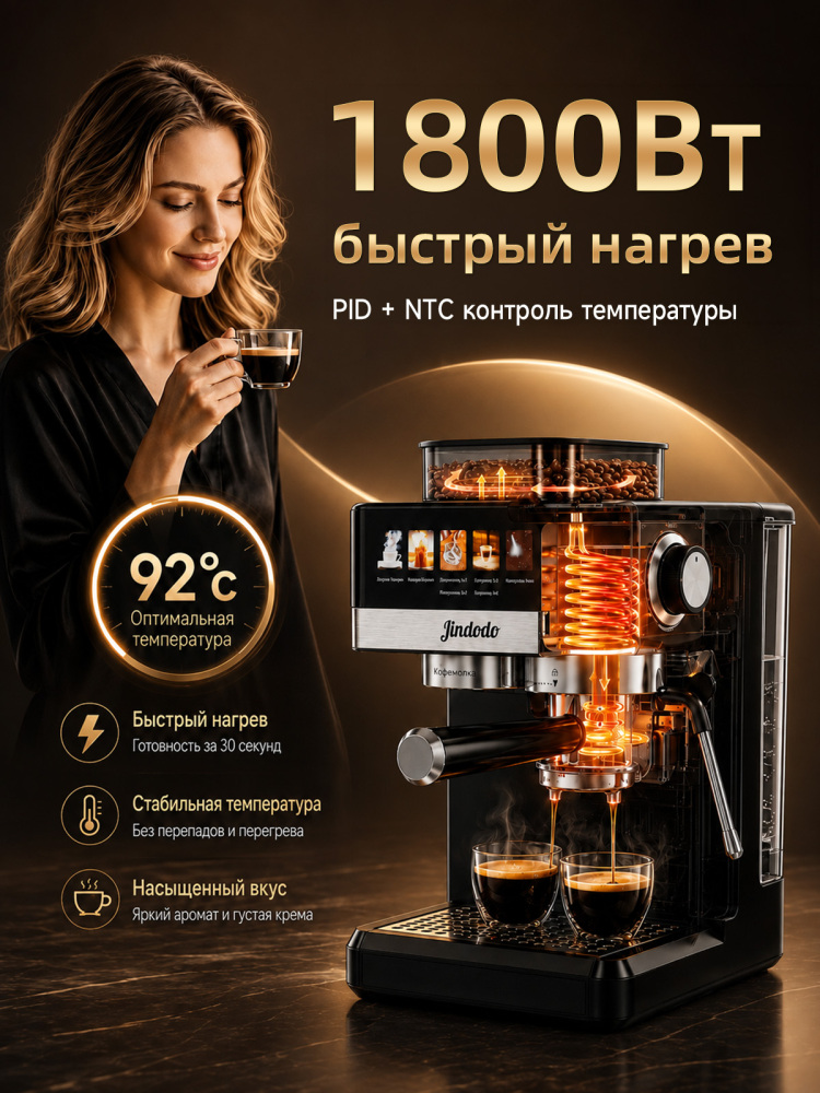 Кофемашина автоматическая зерновая с капучинатором Jindodo, кофемашина рожковая с капучинатором, 20 бар, 1800 Вт