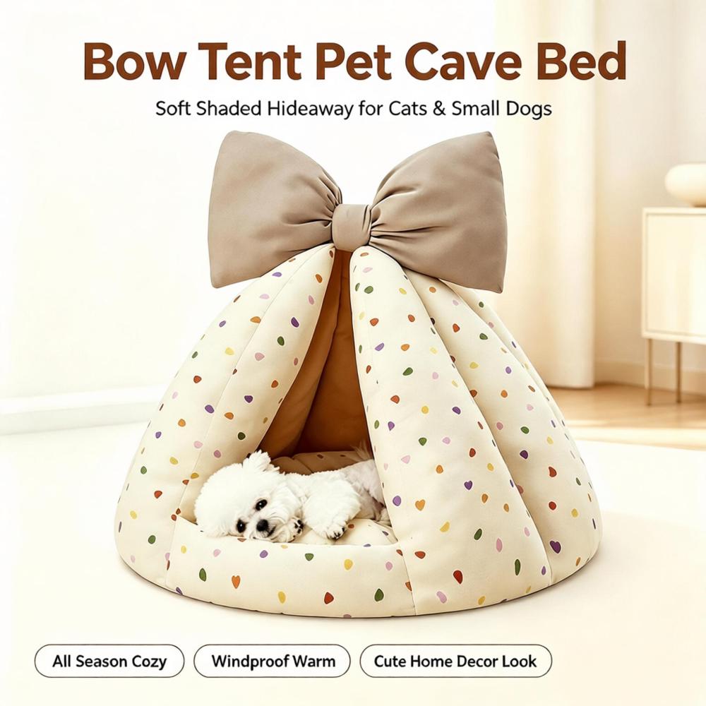 Cute Bow Tent Enclosed Pet Cave Bed for Cats & Small Dogs
