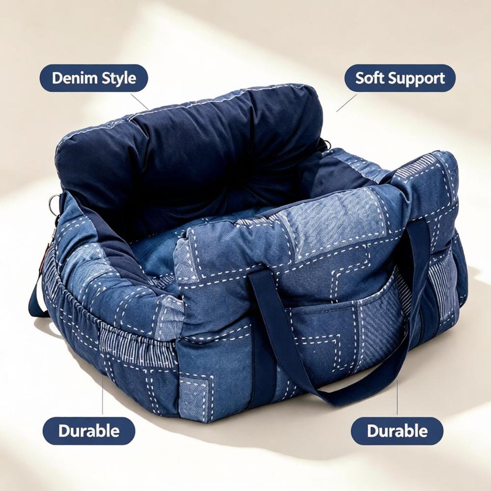 Car Pet Bed, Portable Dog Car Seat Booster Bed with Safety Tether, Foldable Anti-Slip Travel Car Seat for Small Medium Dogs & Cats
