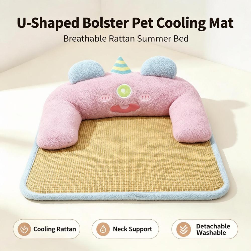 Cartoon U-Shaped Bolster Rattan Pet Cooling Mat, Detachable Washable Summer Cool Bed for Cats & Small Medium Dogs