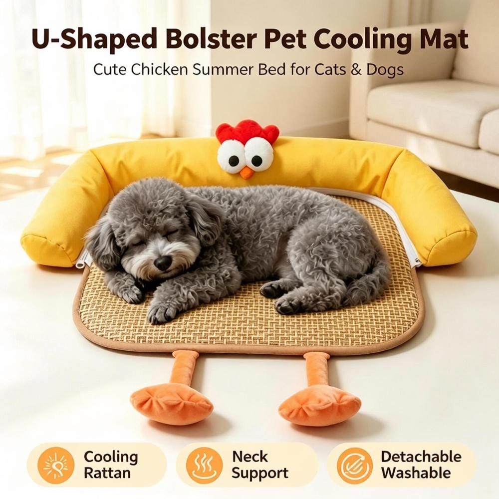Cartoon U-Shaped Bolster Rattan Pet Cooling Mat, Detachable Washable Summer Cool Bed for Cats & Small Medium Dogs