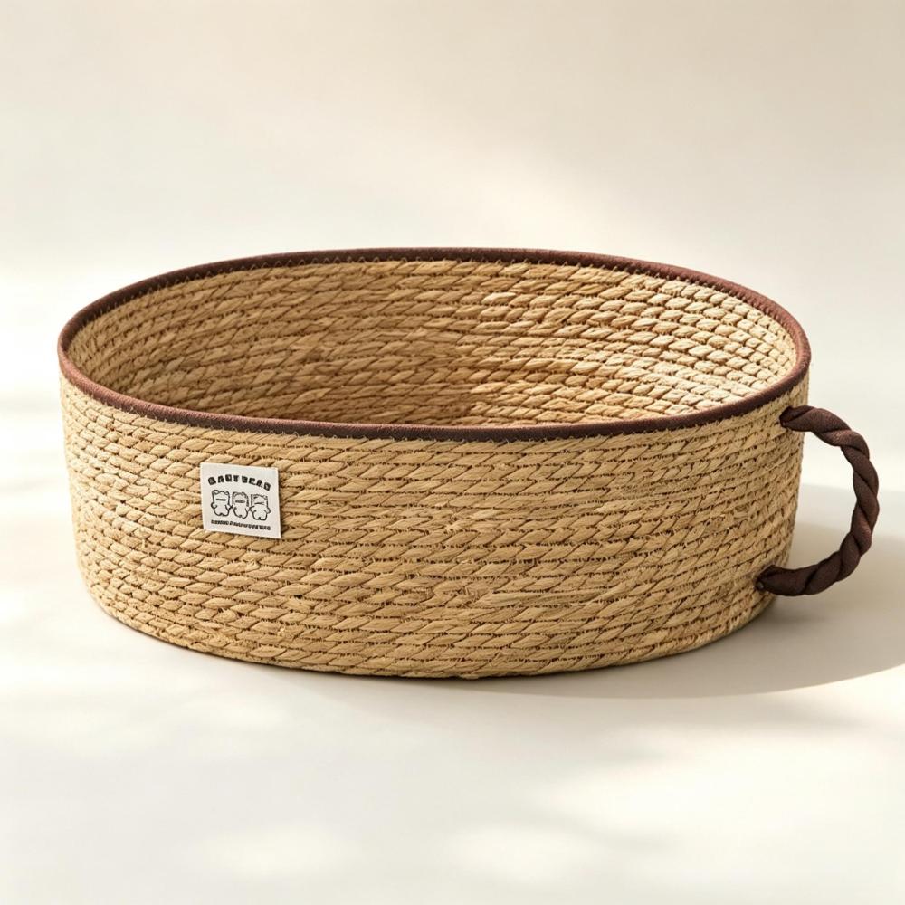 Natural Cattail Woven Cat Bed, Scratch Resistant Washable Round Pet Couch, Breathable All Season Nest for Small Medium Cats & Tiny Dogs