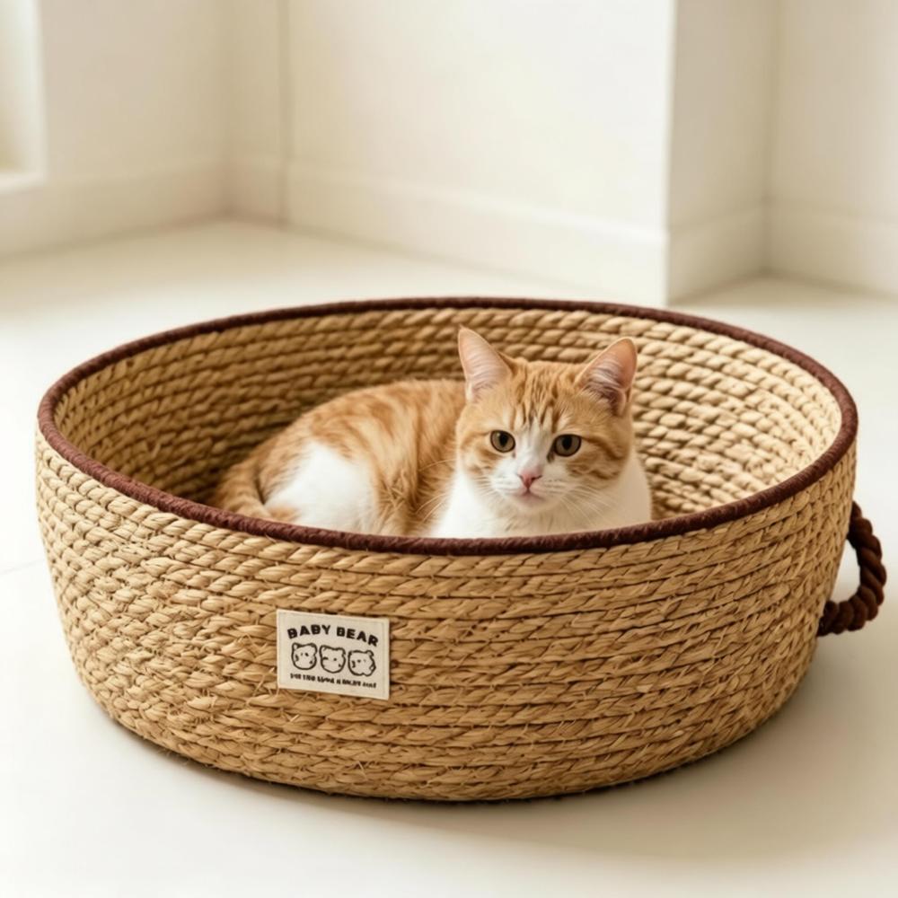 Natural Cattail Woven Cat Bed, Scratch Resistant Washable Round Pet Couch, Breathable All Season Nest for Small Medium Cats & Tiny Dogs