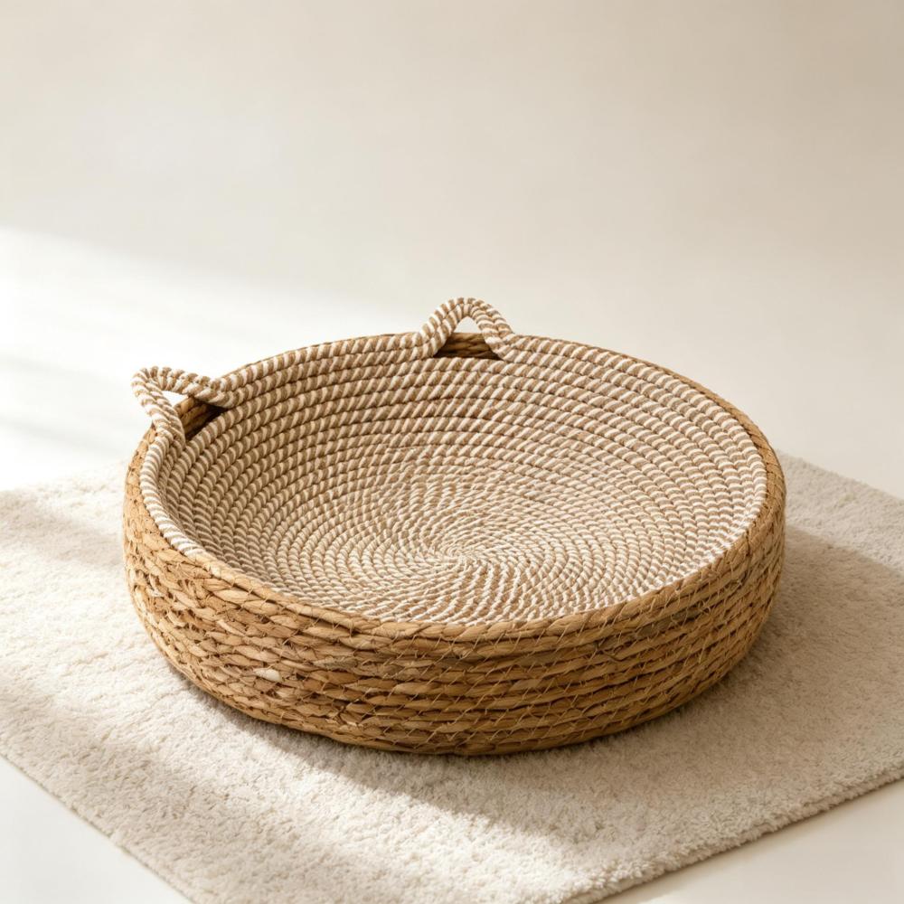 Natural Cattail Woven Cat Bed, Scratch Resistant Washable Round Pet Couch, Breathable All Season Nest for Small Medium Cats & Tiny Dogs