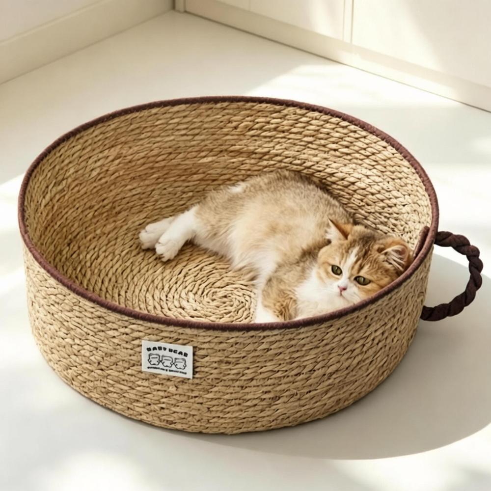 Natural Cattail Woven Cat Bed, Scratch Resistant Washable Round Pet Couch, Breathable All Season Nest for Small Medium Cats & Tiny Dogs