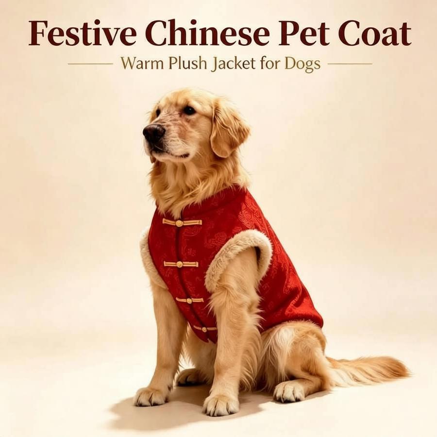 Traditional Chinese Style Pet New Year Vest, Gold Embroidery Fleece Warm Dog Outfit, Red Festival Sleeveless Jacket for Golden Retriever Labrador