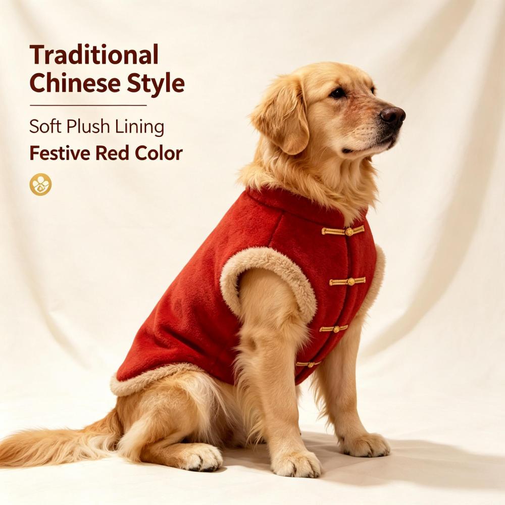 Traditional Chinese Style Pet New Year Vest, Gold Embroidery Fleece Warm Dog Outfit, Red Festival Sleeveless Jacket for Golden Retriever Labrador