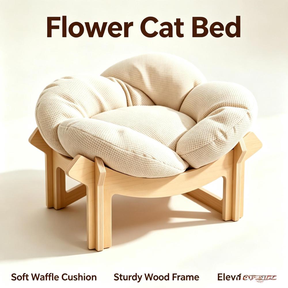 Premium Wooden Frame Flower Cat Bed, Soft High Density Cotton Filled Waffle Cushion Elevated Cat Rest Chair, Minimalist Indoor Pet Sleeping Furniture