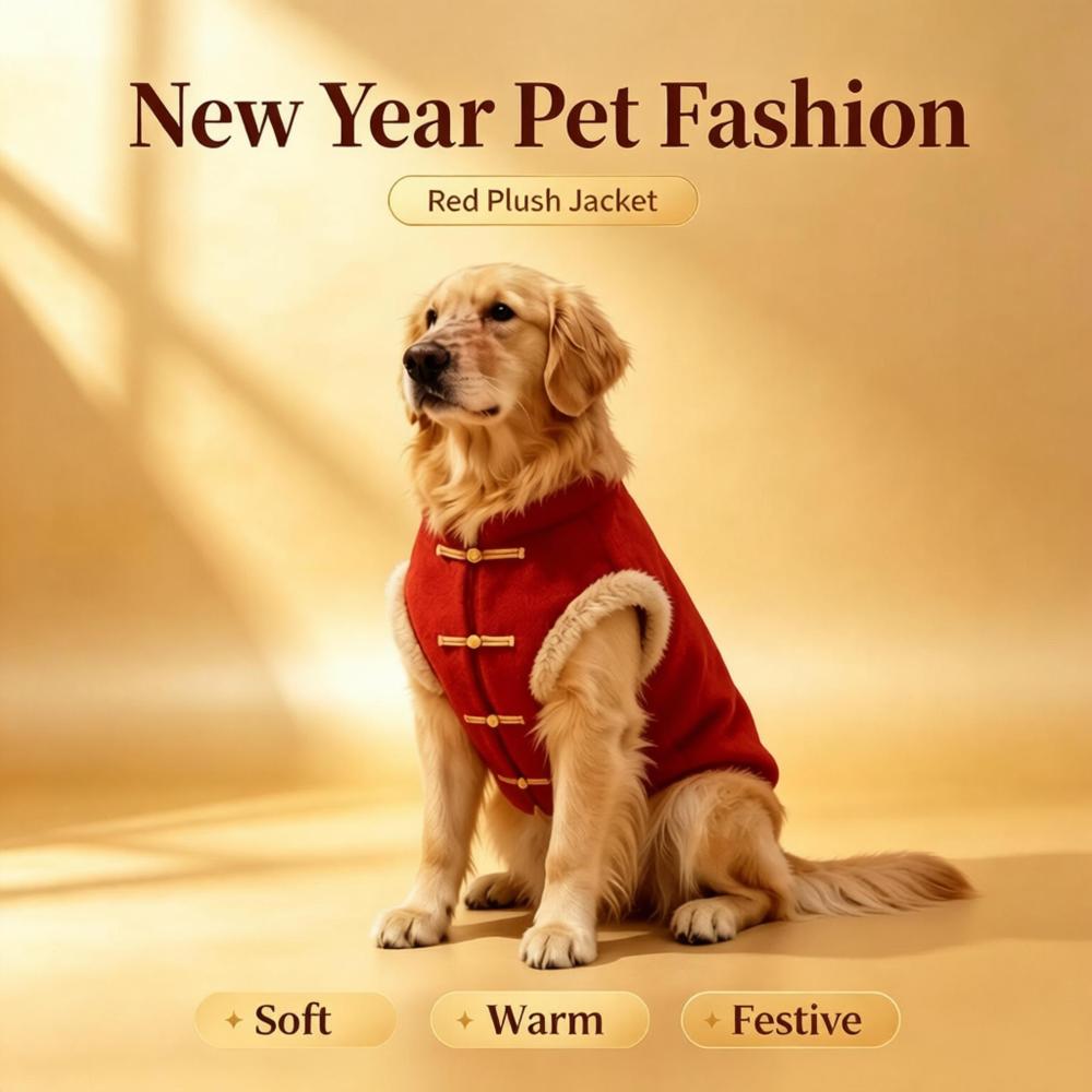 Traditional Chinese Style Pet New Year Vest, Gold Embroidery Fleece Warm Dog Outfit, Red Festival Sleeveless Jacket for Golden Retriever Labrador