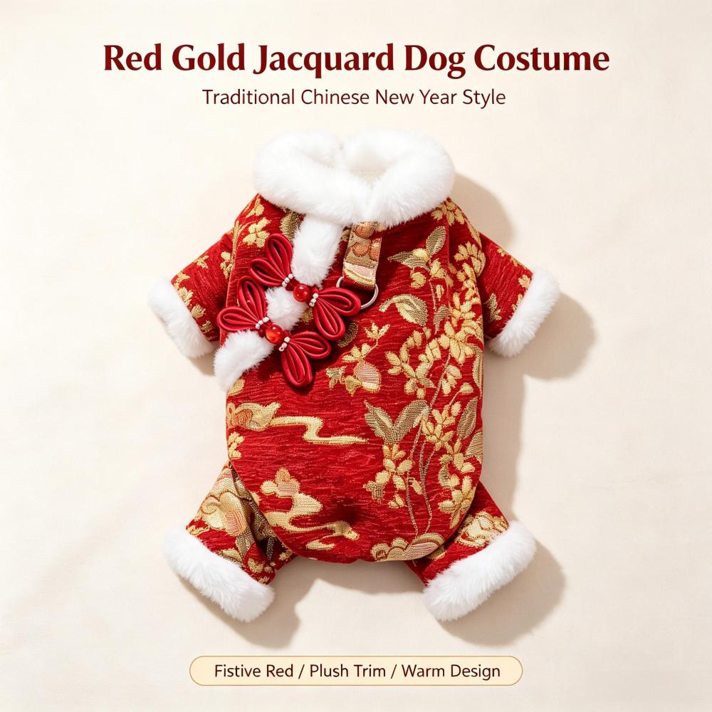 Chinese New Year Dog Tang Suit, Warm Fleece Lined Traditional Festive Pet Outfit, Lion Dragon Embroidery Lunar New Year Costume for Small Medium Large Dogs