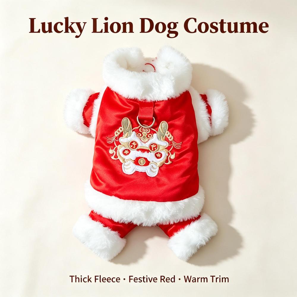 Chinese New Year Dog Tang Suit, Warm Fleece Lined Traditional Festive Pet Outfit, Lion Dragon Embroidery Lunar New Year Costume for Small Medium Large Dogs