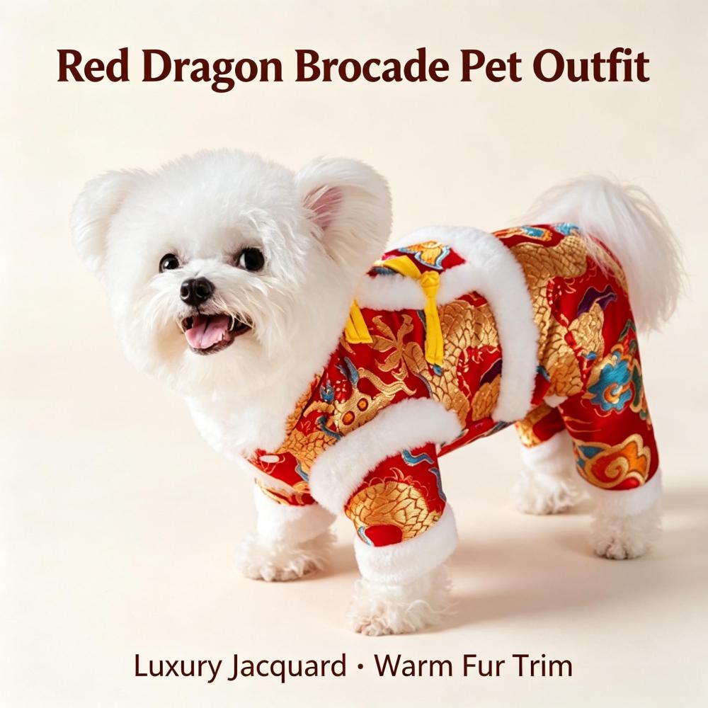 Chinese New Year Dog Tang Suit, Warm Fleece Lined Traditional Festive Pet Outfit, Lion Dragon Embroidery Lunar New Year Costume for Small Medium Large Dogs