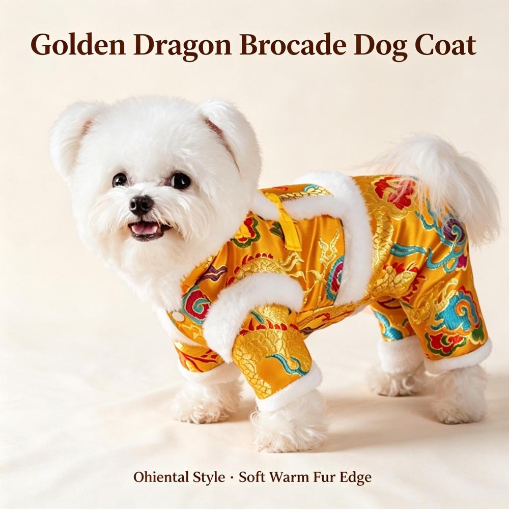 Chinese New Year Dog Tang Suit, Warm Fleece Lined Traditional Festive Pet Outfit, Lion Dragon Embroidery Lunar New Year Costume for Small Medium Large Dogs