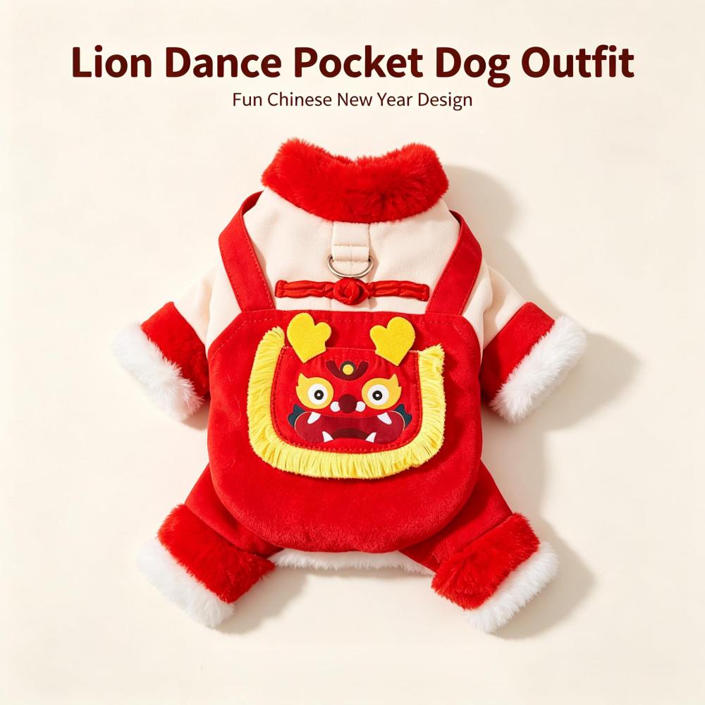 Chinese New Year Dog Tang Suit, Warm Fleece Lined Traditional Festive Pet Outfit, Lion Dragon Embroidery Lunar New Year Costume for Small Medium Large Dogs
