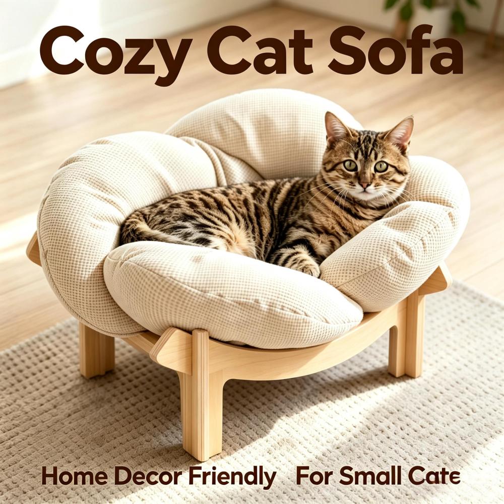 Premium Wooden Frame Flower Cat Bed, Soft High Density Cotton Filled Waffle Cushion Elevated Cat Rest Chair, Minimalist Indoor Pet Sleeping Furniture