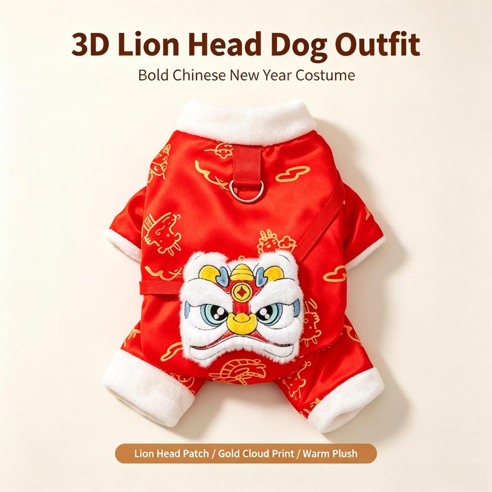 Chinese New Year Dog Tang Suit, Warm Fleece Lined Traditional Festive Pet Outfit, Lion Dragon Embroidery Lunar New Year Costume for Small Medium Large Dogs