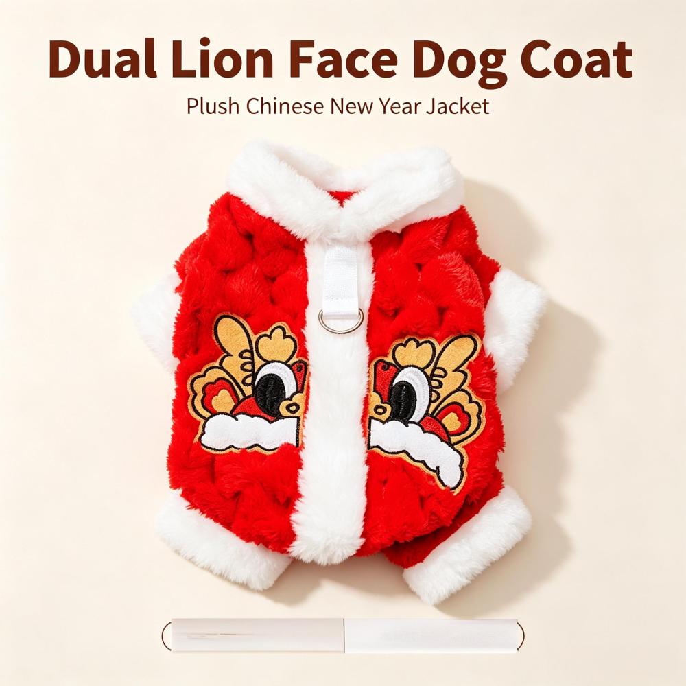Chinese New Year Dog Tang Suit, Warm Fleece Lined Traditional Festive Pet Outfit, Lion Dragon Embroidery Lunar New Year Costume for Small Medium Large Dogs