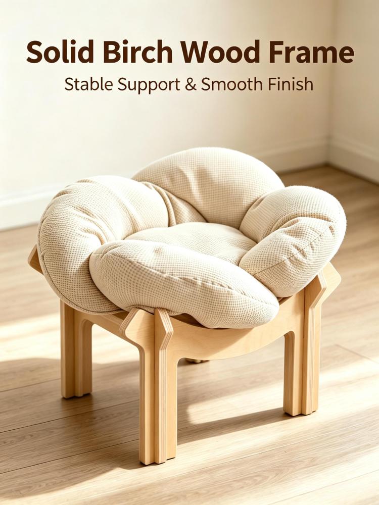Premium Wooden Frame Flower Cat Bed, Soft High Density Cotton Filled Waffle Cushion Elevated Cat Rest Chair, Minimalist Indoor Pet Sleeping Furniture
