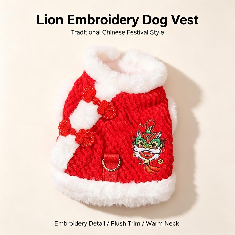 Chinese New Year Dog Tang Suit, Warm Fleece Lined Traditional Festive Pet Outfit, Lion Dragon Embroidery Lunar New Year Costume for Small Medium Large Dogs