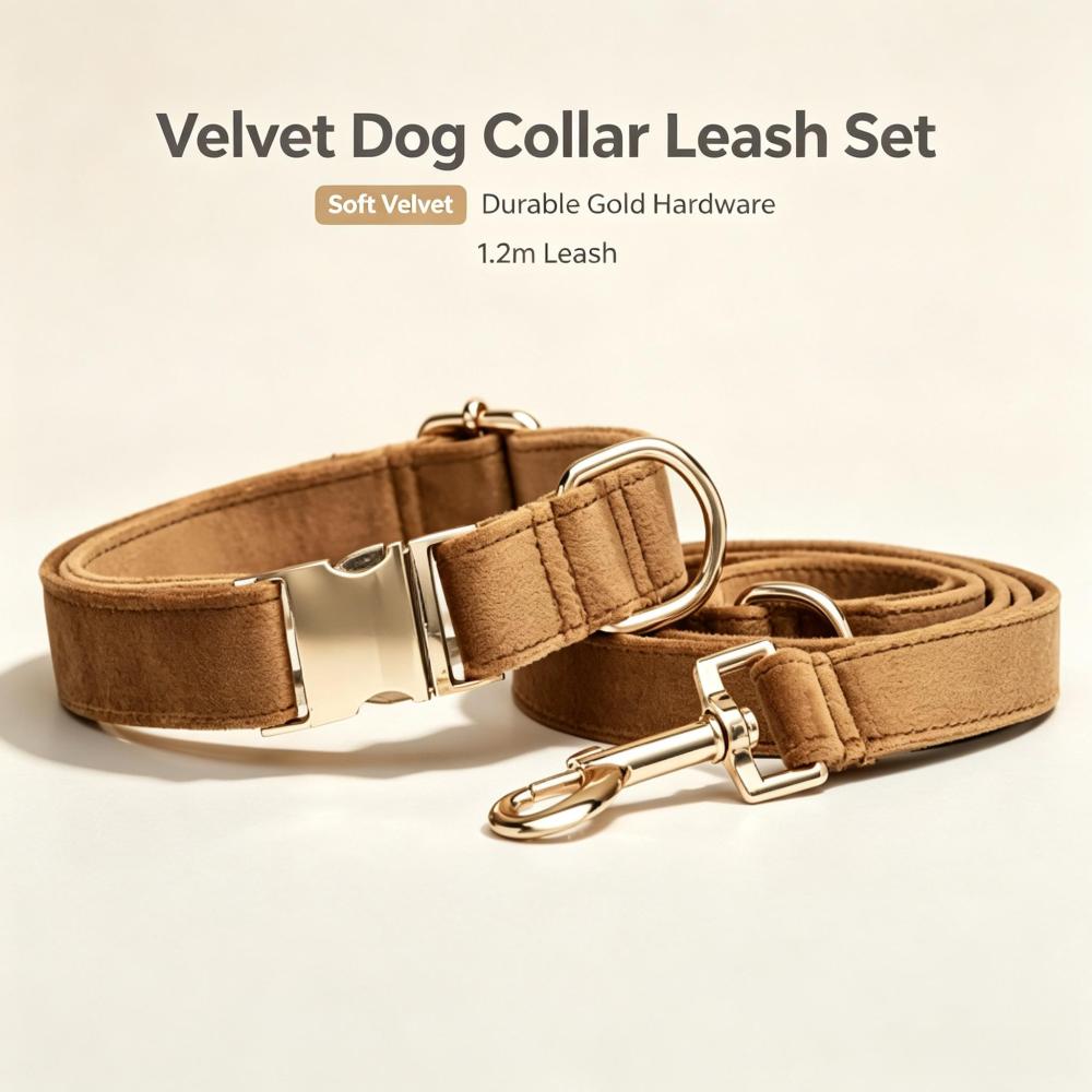 Premium Soft Velvet Dog Collar and Leash Set with Durable Gold Metal Hardware