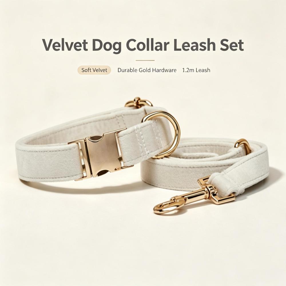 Premium Soft Velvet Dog Collar and Leash Set with Durable Gold Metal Hardware