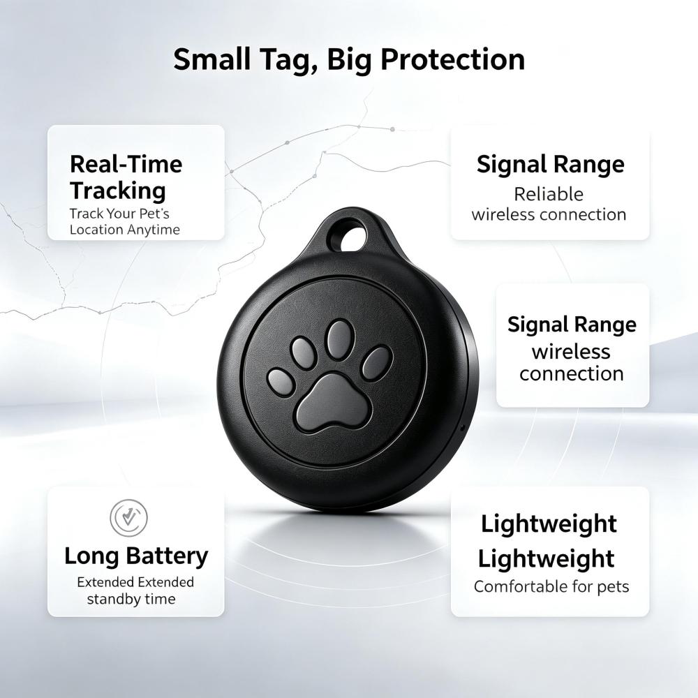 Adjustable Pet Collar Mini Location Tracker Works with iOS and Android Waterproof Anti-Lost Tag for Cats Small Dogs