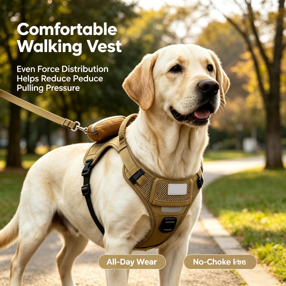 Tactical No Pull Dog Harness with Detachable Storage Pocket, Reflective Breathable Mesh Walking Vest Harness & Matching Leash Set for Medium Large Dogs