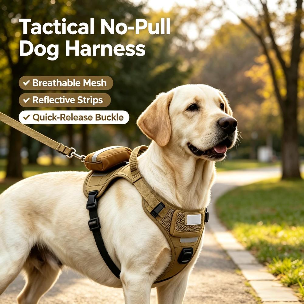 Tactical No Pull Dog Harness with Detachable Storage Pocket, Reflective Breathable Mesh Walking Vest Harness & Matching Leash Set for Medium Large Dogs