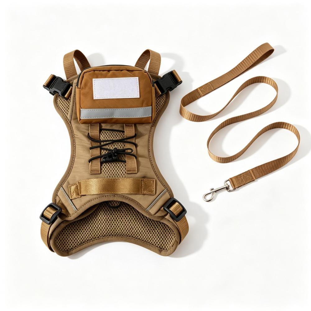 Tactical No Pull Dog Harness with Detachable Storage Pocket, Reflective Breathable Mesh Walking Vest Harness & Matching Leash Set for Medium Large Dogs